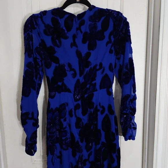 House of Harlow Revolve Womens Dress Ivan Blue Velour Burnout Ruffle Slit Sz XXS - Picture 14 of 15